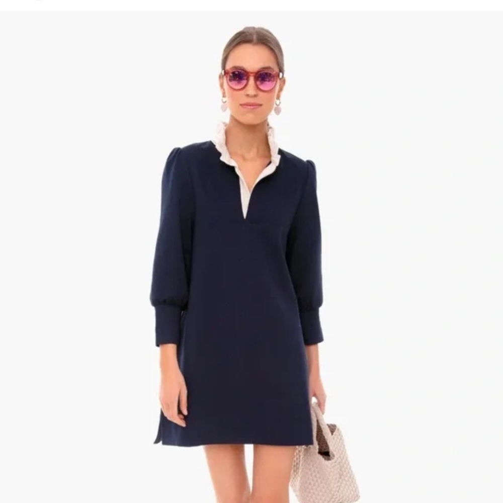 Pomander Place Navy Dress with White Trim